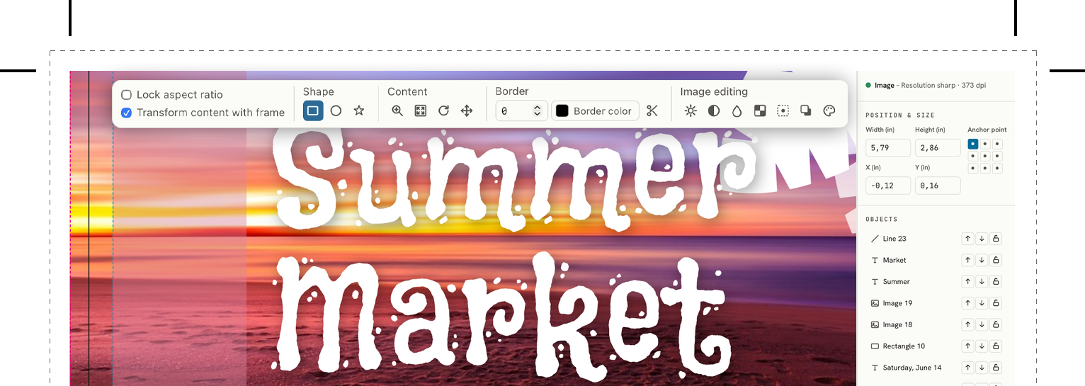 LaydoStudio editor showing a postcard layout with bleed and safety margin guides