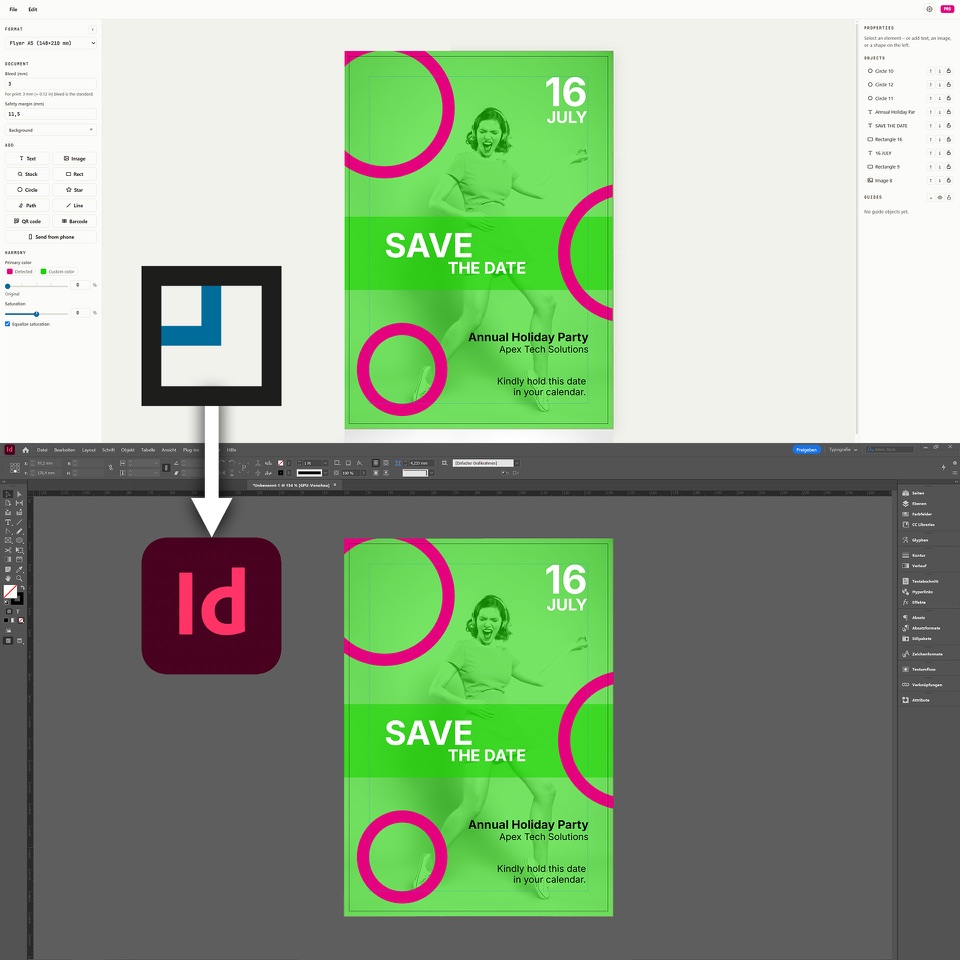 A flyer built in LaydoStudio, exported via IDML and opened unchanged in Adobe InDesign