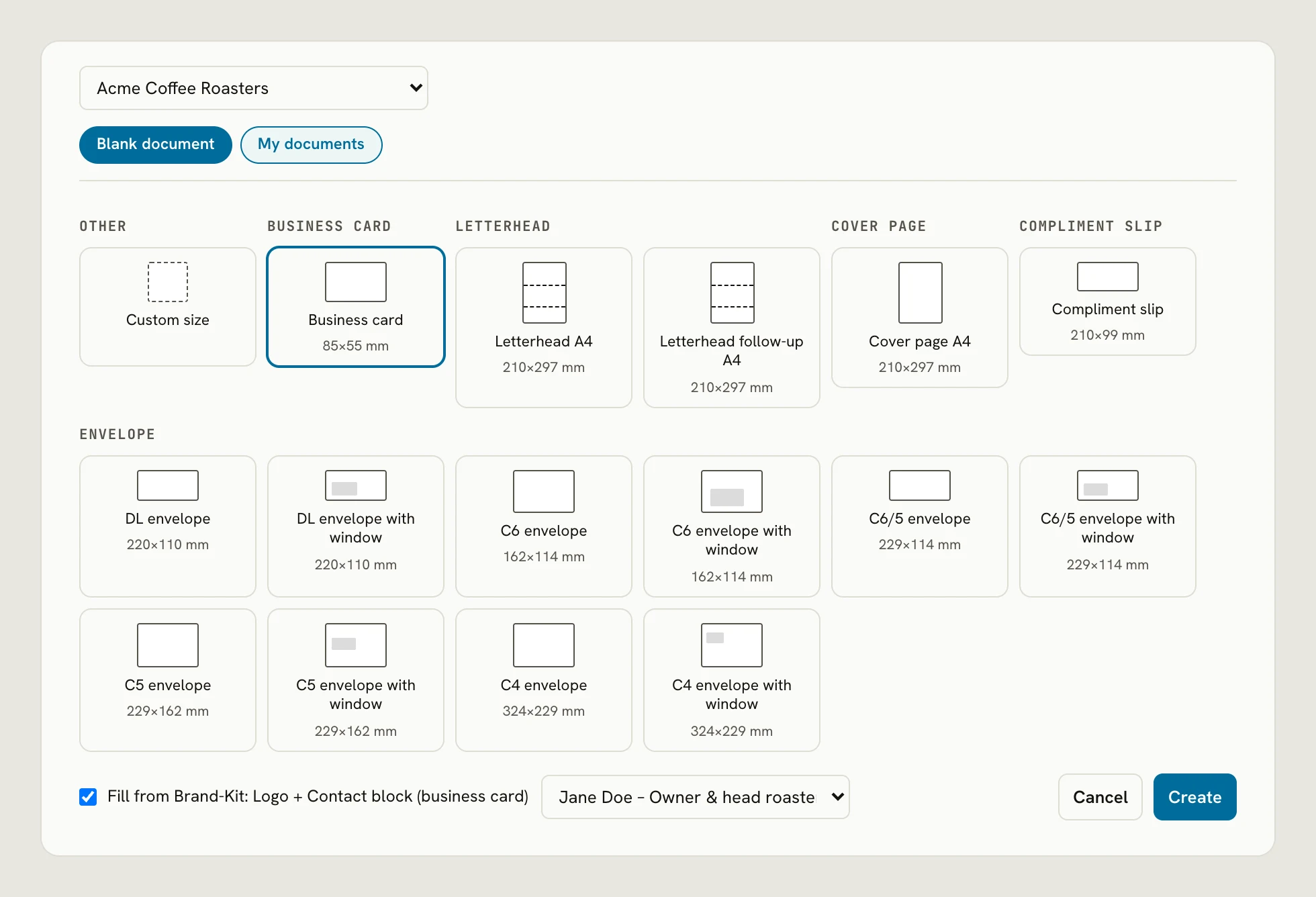 New document dialog with print piece types, the option Fill from Brand-Kit and a team member picker at the bottom